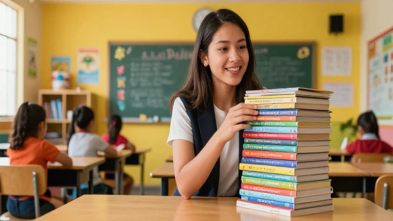 Maestra vibrante en aula escolar moderna