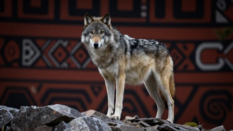 Lobo gris imponente sobre roca con luz dramática