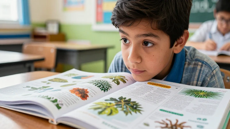 Ilustración educativa: estudiante y naturaleza en detalle