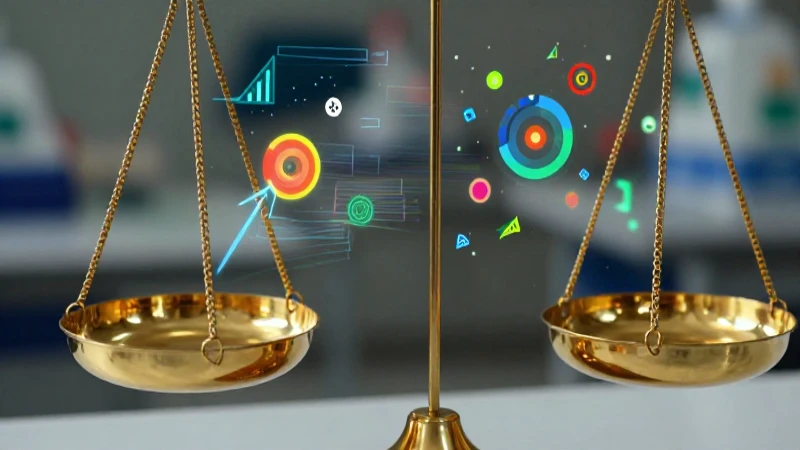 Balanza de latón con datos holográficos en un primer plano