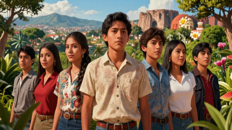 Estudiantes mexicanos en paisaje vibrante y moderno