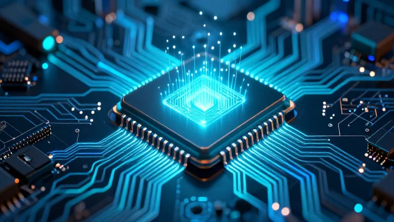 Microchip futurista brillante con circuitos azules