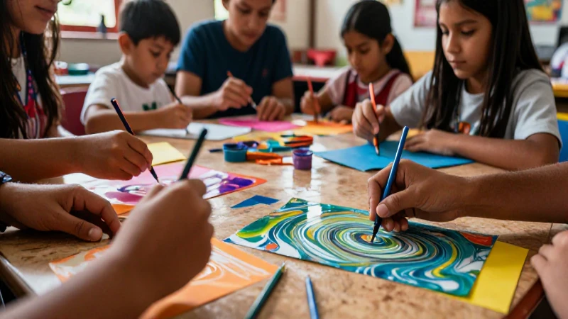 Manos creando papel marmolado en un aula iluminada
