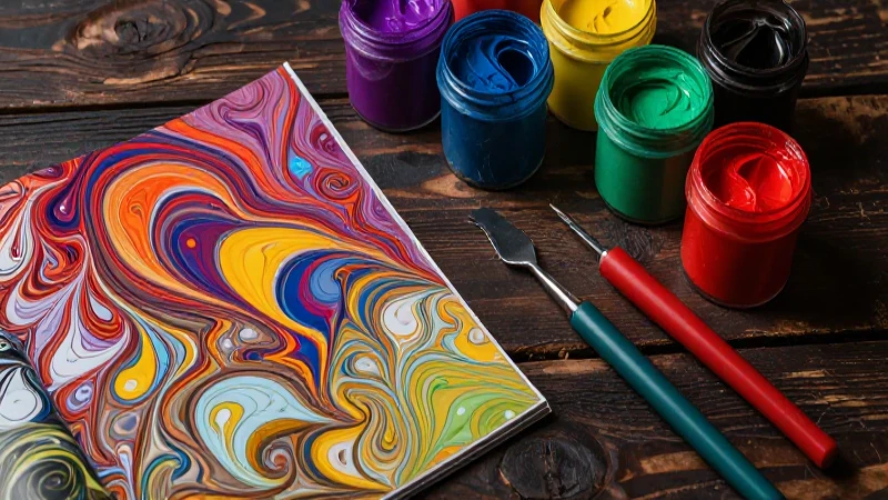 Tintas y papel marmolado en mesa rústica