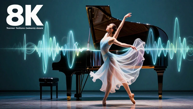 Bailarina moderna con ondas brillantes frente a piano