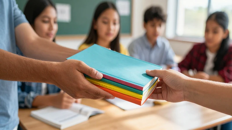 Estudiantes mexicanos intercambian libros coloridos bajo luz vibrante