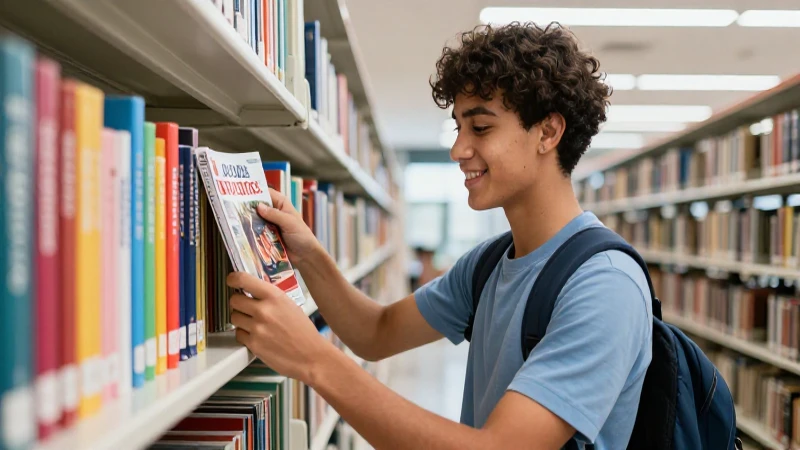 Estudiante feliz busca libros en biblioteca moderna