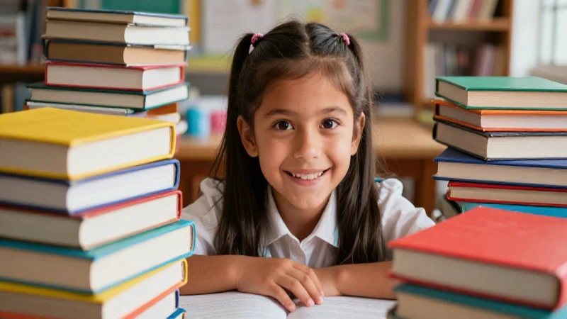 Estudiante curioso rodeado de libros coloridos