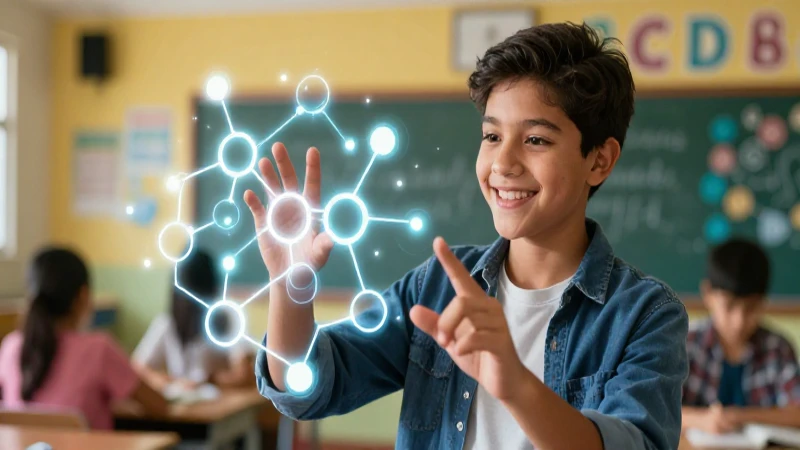 Joven estudiante interactúa con estructuras lingüísticas vibrantes