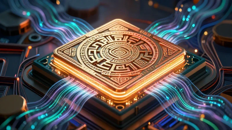 Procesador futurista con arte mesoamericano y datos holográficos