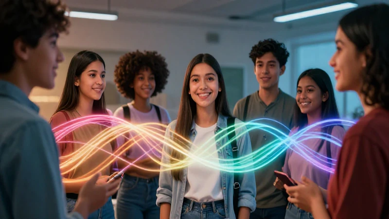 Comunicación social: definición, concepto y su importancia 7 Estudiantes mexicanos interactúan bajo una estética moderna y luminosa