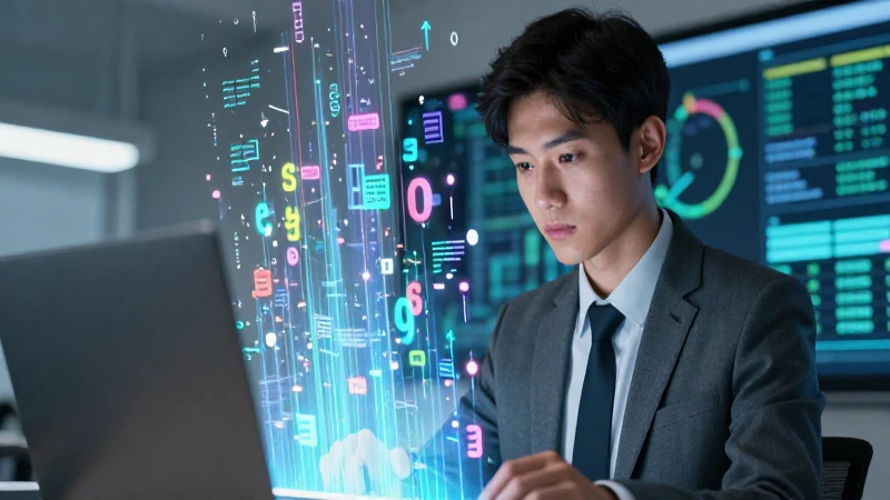 Educador concentrado en datos holográficos modernos