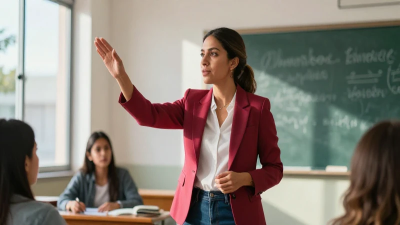 Profesora mexicana profesional con gestos en aula moderna