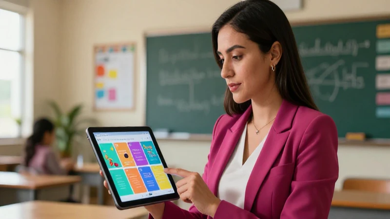Maestra mexicana usando tablet en contexto moderno