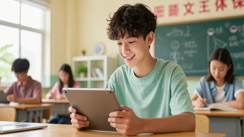 Joven estudia feliz con tablet digital