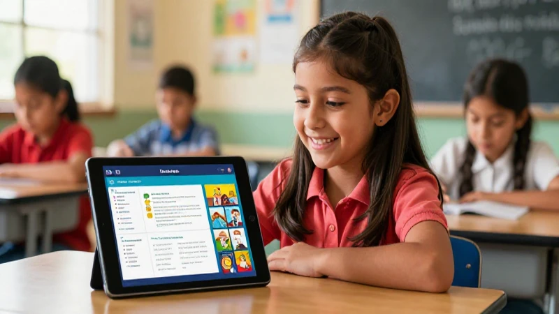 Niña mexicana alegre usando tablet educativa