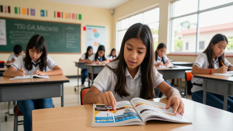 Estudiante interactúa con libro en aula mexicana