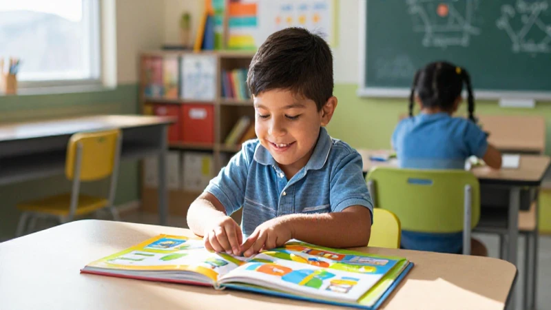 Niño mexicano alegre explorando libros de colores