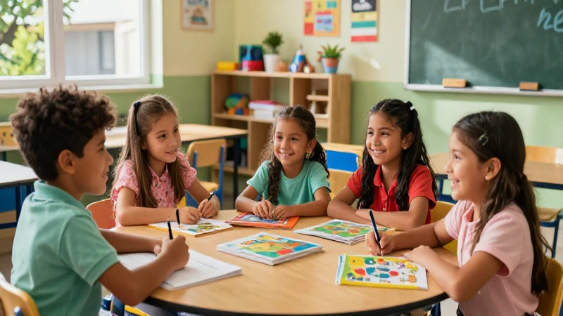 Niños mexicanos sonrientes en aula colorida