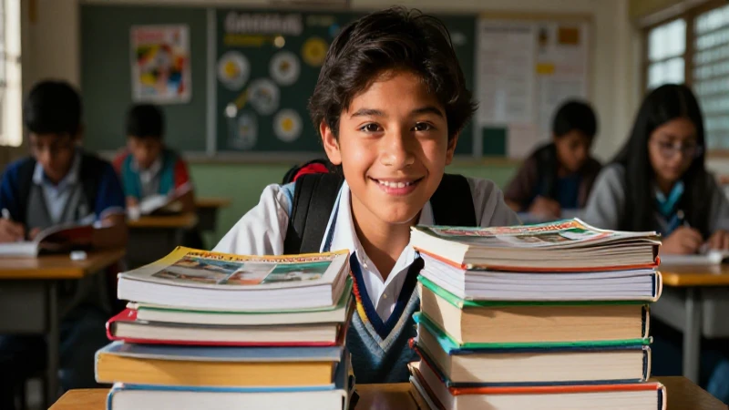 Estudiante sonriente con libros y luz cálida