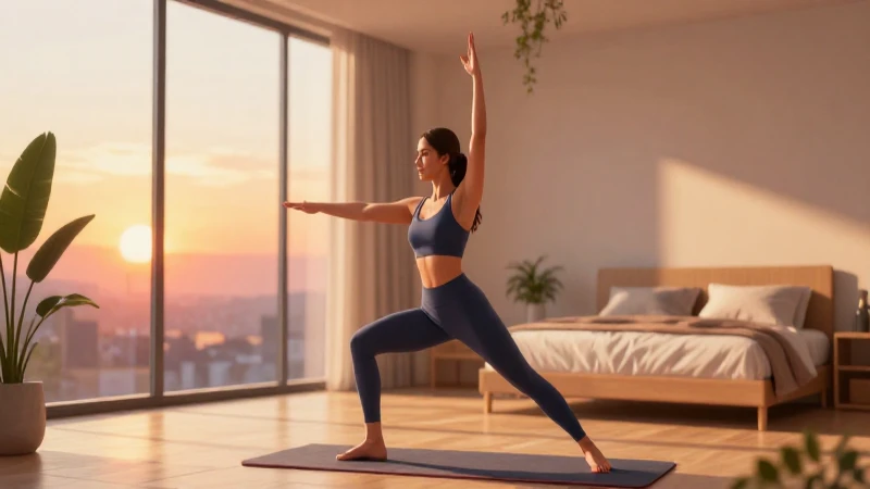Persona estirando en un cuarto moderno con luz cálida