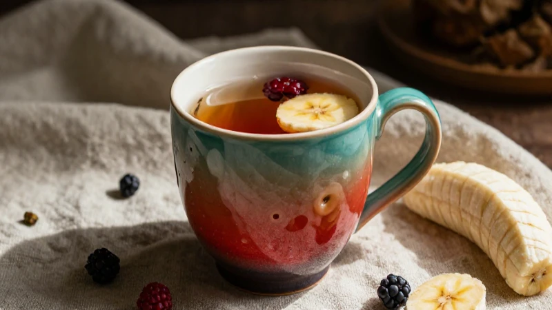Mug de té y fruta en foto editorial premium