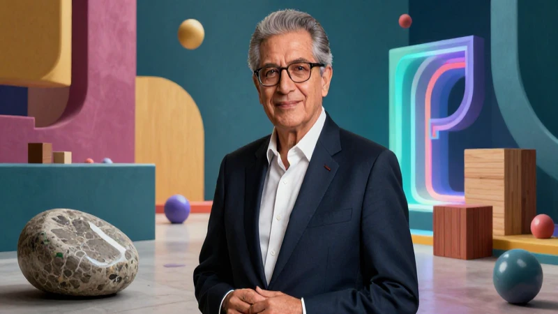 Académica mexicana frente a formas abstractas vibrantes
