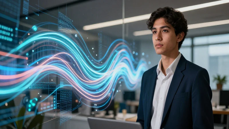 Estudiante mexicano con vibrantes datos futuristas
