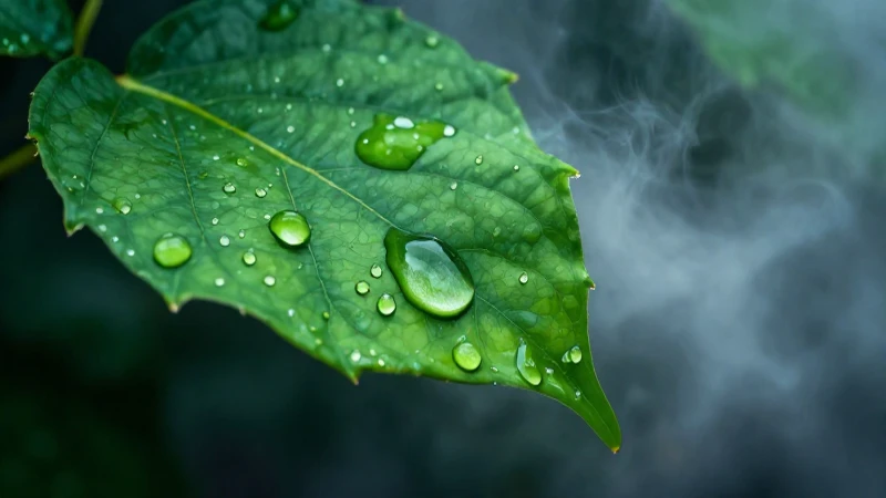 Condensación: Qué es, tipos y ejemplos en la vida diaria 5 Gotas de agua detalladas sobre hoja verde vibrante
