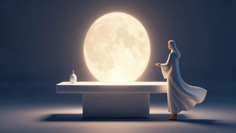 Guía espiritual moderna en altar minimalista con iluminación dramática