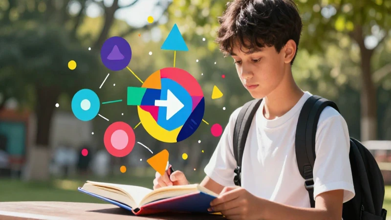 Estudiante aprende con diseño abstracto vibrante