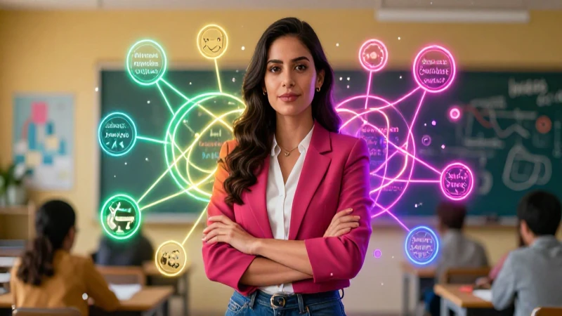 Profesora vibrante con conceptos educativos dinámicos
