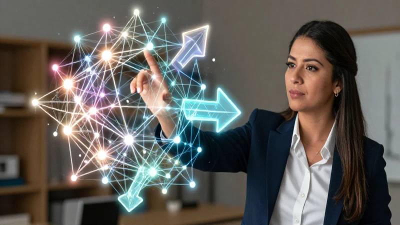 Educadora mexicana interactúa con red geométrica brillante