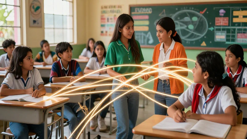 Estudiante aprendiendo dinámicamente en un aula moderna