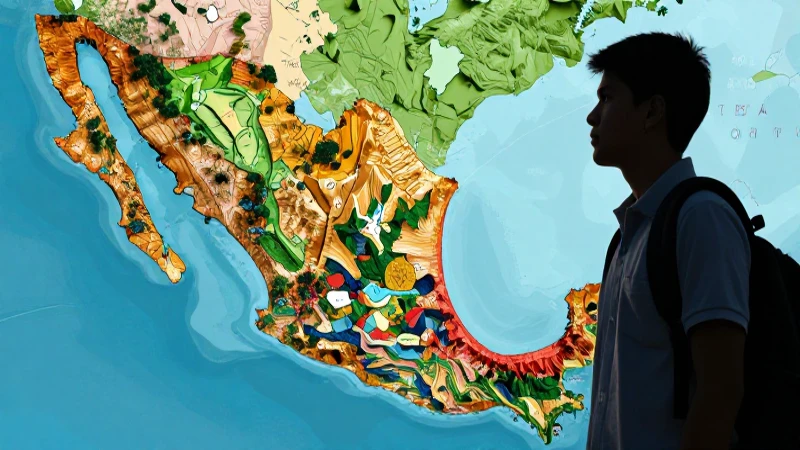 Mapa estilizado de México con joven observando