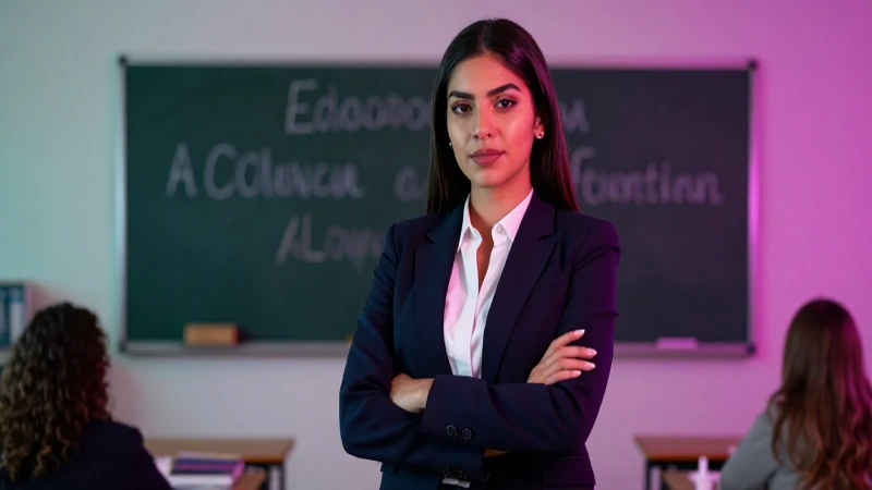 Joven maestra mexicana profesional con pose segura y dramática