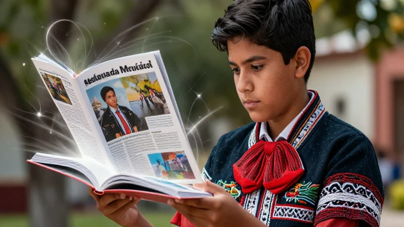Estudiante mexicano observa libro flotante de luz