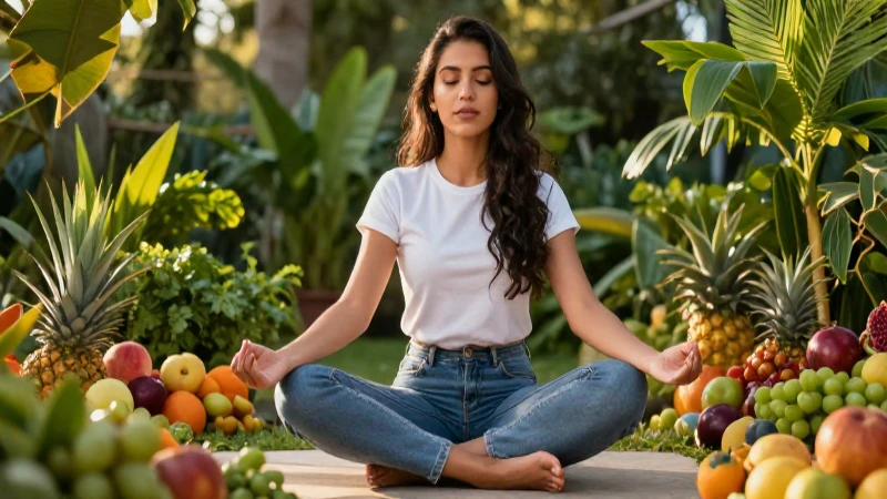 Joven mexicano meditativo rodeado de alimentos frescos