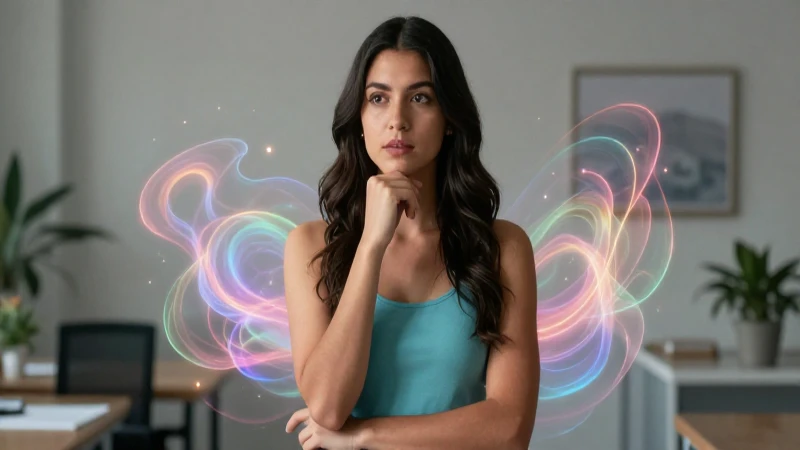 Mujer mexicana reflexiva frente a un fondo minimalista de salud mental