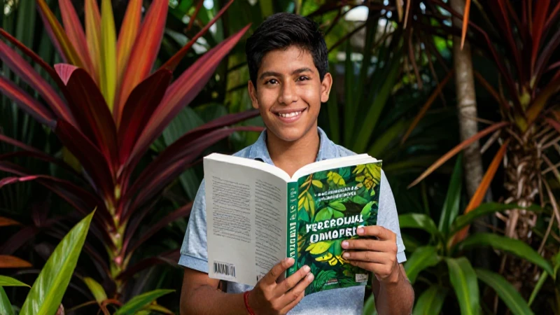 Desarrolla tu conocimiento con el mejor libro sobre el medio ambiente: ¡descúbrelo ya! 4 Estudiante mexicano con libro sobre ecología en selva