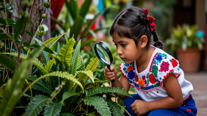 Niño curioso estudia planta en jardín mexicano
