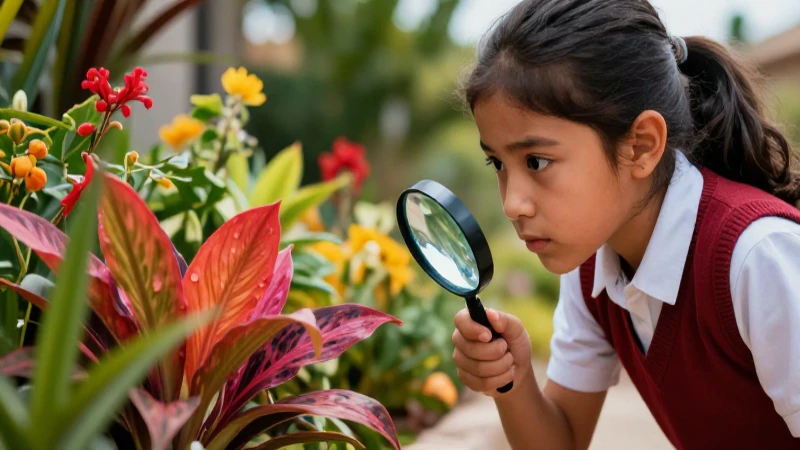 Niños examinan plantas mexicanas con lupa