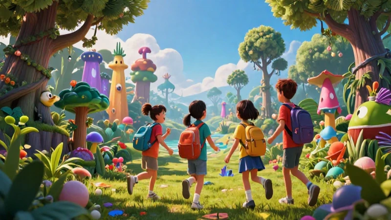 Niños exploran naturaleza mágica y vibrante