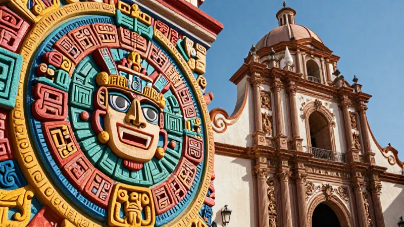 Detalle digital fusiona barroco y glifos aztecas