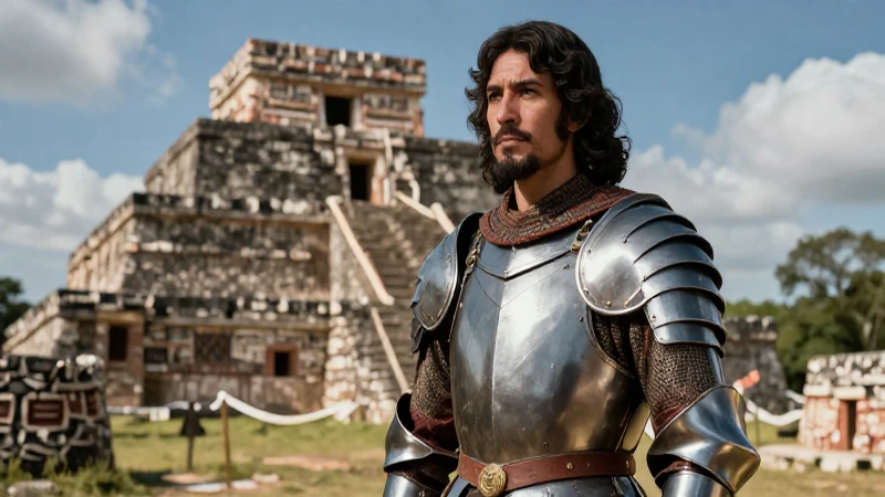 Conquistador detallado frente a ruinas mesoamericanas