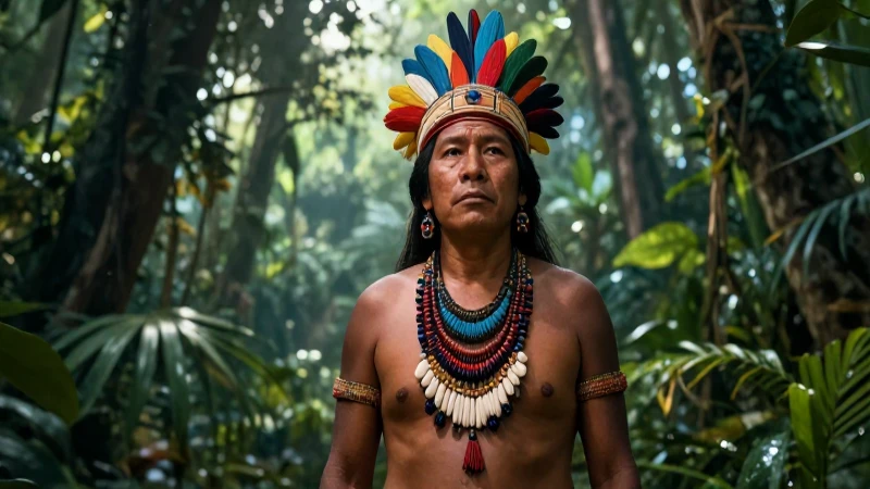 Person indígena digna en selva, estilo ilustración premium