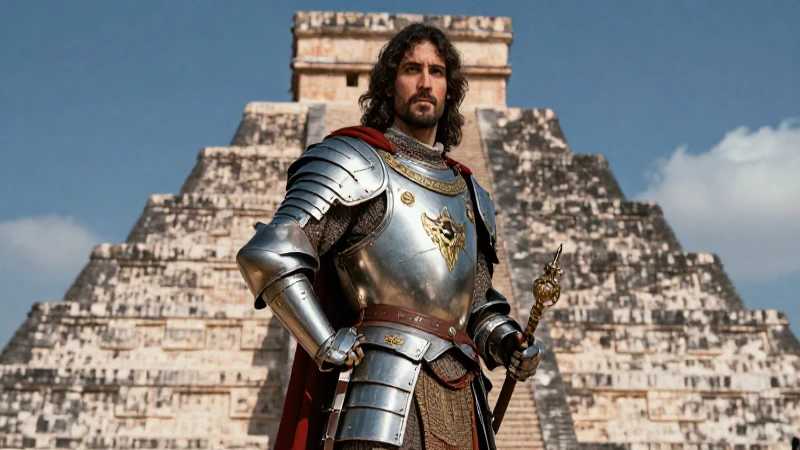 Conquistador en armadura frente a pirámide mesoamericana