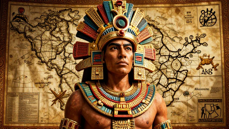 Retrato azteca poderoso y mapa colonial