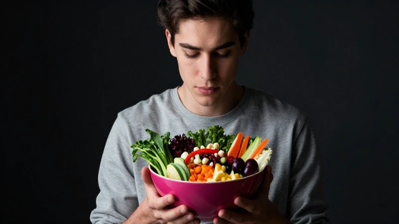 Joven enfocado sostiene vibrante tazón de ingredientes