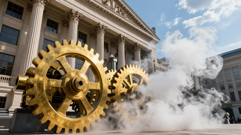 Fachada legislativa dramática con maquinaria industrial